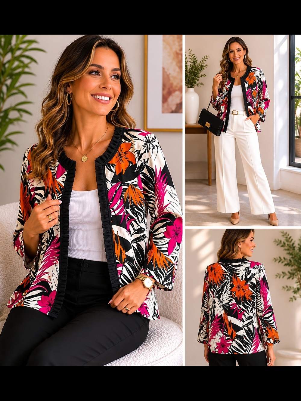 Tropical Floral Open-Front Blazer Jacket in Black, Pink & Orange